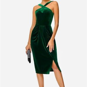 NWT SZ Lg Vintage Cocktail Dress Halter Neck Midi Velvet Bodycon Dress with Slit